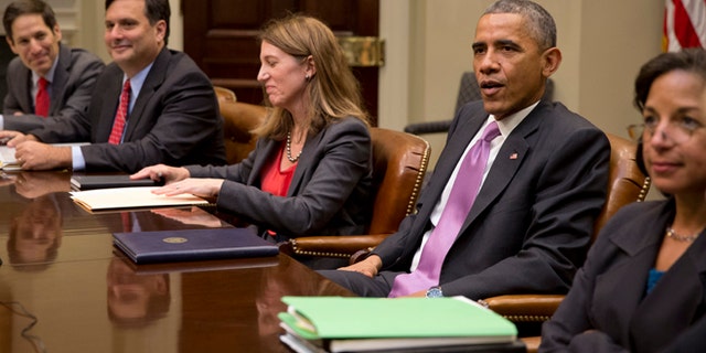 Nov. 4, 2014: President Barack Obama meets with, from left, Centers for Disease Control and Prevention director Dr. Thomas Frieden, Ebola coordinator Ron Klain, Health and Human Services Secretary Sylvia Burwell National Security Adviser Susan Rice, and members of the president's national security and public health teams to receive an update on the Ebola response in the Roosevelt Room of the White House in Washington. (AP)