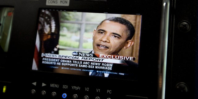 May 9: President Obama is seen on a monitor in the White House briefing room in Washington. The president told an ABC interviewer that he supports gay marriage.