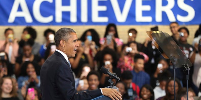 President Barack Obama speaks to students, teachers and invited guests at Benjamin Banneker Academic High School in Washington, Monday, Oct. 17, 2016, to highlight the progress his administration has made over the last eight years to improve education across the country. (AP Photo/Manuel Balce Ceneta)