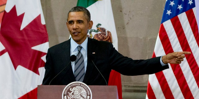 President Barack Obama speaks during a news conference at the end of the North American Leaders Summit in Toluca, Mexico, Wednesday, Feb. 19, 2014. The leaders of the three North American Free Trade Agreement (NAFTA) nations met in part to highlight the economic cooperation that has grown since NAFTA joined the U.S., Canada and Mexico 20 years ago. (AP Photo/Eduardo Verdugo)