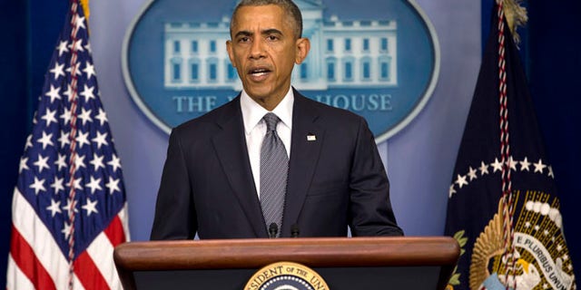 President Barack Obama speaks about the situation in Ukraine, Friday, July 18, 2014, in the Brady Press Briefing Room of the White House in Washington.
