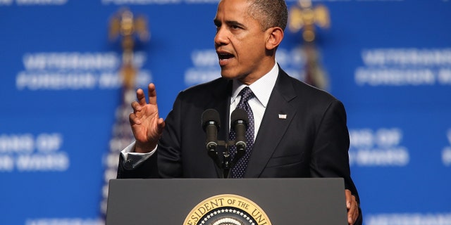 RENO, NV - JULY 23: U.S. President Barack Obama speaks during the 113th National Convention of the Veterans of Foreign Wars of the U.S. at the Reno-Sparks Convention Center on July 23, 2012 in Reno, Nevada. President Obama addressed the 113th National Convention of the Veterans of Foreign Wars one day after visiting families of shooting victims in Aurora, Colorado. (Photo by Justin Sullivan/Getty Images)