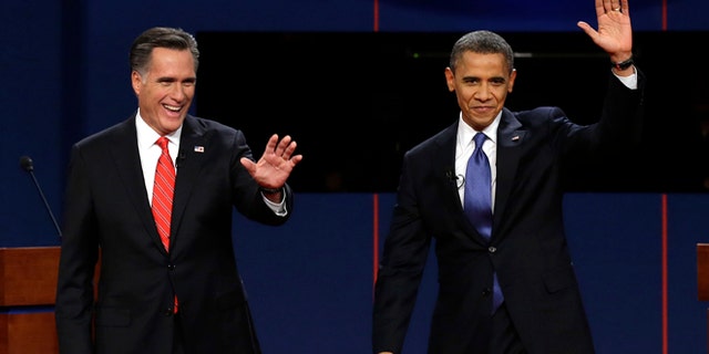FILE: Oct. 3, 2012: Mitt Romney and President Obama during the first presidential debate at the University of Denver in Denver.