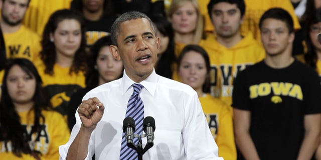 April 25, 2012: President Barack Obama speaks at the University of Iowa Field House in Iowa City, Iowa.