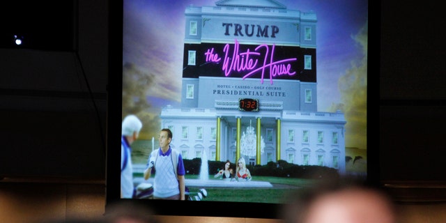 April 30: A video is shown as President Barack Obama, speaks about Donald Trump at the White House Correspondents Association Dinner in Washington.