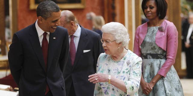 President Barack Obama, first lady Michelle Obama, Britain's Queen Elizabeth II and Prince Philip tour the Portrait Gallery at Buckingham Palace in London, Tuesday, May 24, 2011. (AP Photo/Charles Dharapak)