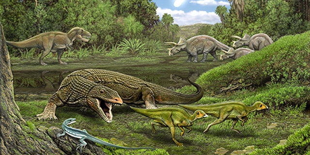 A carnivorous lizard stalks a pair of hatchlings as the lizard Obamadon looks on.