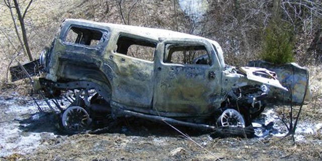 2009: The burned vehicle after an accident in Marion, Ohio.