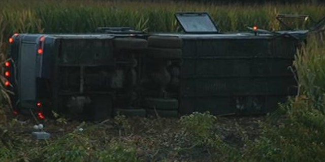 Sept. 14, 2013: A Greyhound bus has overturned on an interstate in southwest Ohio and 34 people have been hurt.