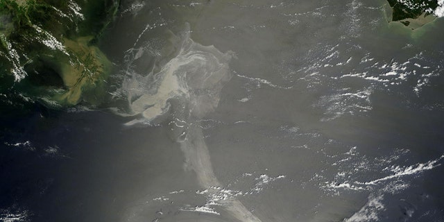 FILE: NASA's Terra satellite captured the Gulf oil spill on May 17. In this image, the oil slick appears as a dull gray on the water's surface and stretches south from the Mississippi Delta with what looks like a tail.