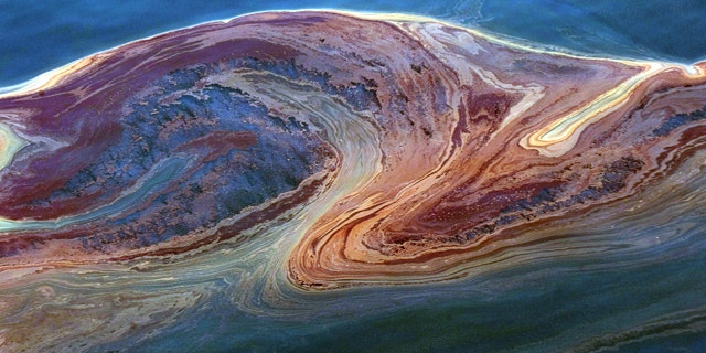 Oil that leaked from a broken oil well following an explosion on a drilling rig swirls through the currents in the Gulf of Mexico.