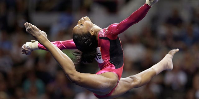 June 29, 2012: Gabby Douglas performs in the floor exercise event during the preliminary round of the women' Olympic gymnastics trials in San Jose, Calif.