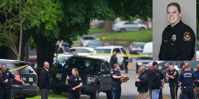 Law enforcement officers gather near the scene of a shooting Wednesday, May 20, 2015 in Omaha, Neb. Police say one female officer and at least one other person were shot and are being treated at an Omaha hospital. Inset: Photo provided by the Omaha Police Department shows officer Kerrie Orozco (Chris Machian/Omaha World-Herald via AP)