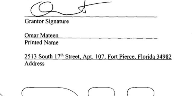 Mateen's signature on a document turning over his share in a home in Port St. Lucie.