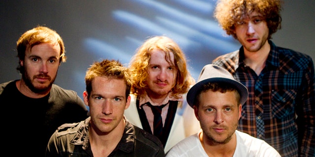 Members of the band One Republic Eddie Fisher, Zach Filkins, Drew Brown, Ryan Tedder and Brent Kutzle (L-R). Fisher has been arrested in Denver.