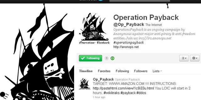 On the Twitter feed for Operation: Payback's, a cyberattack campaign targeting the perceived opponents of WikiLeaks, the next target is highlighted: Amazon.com.