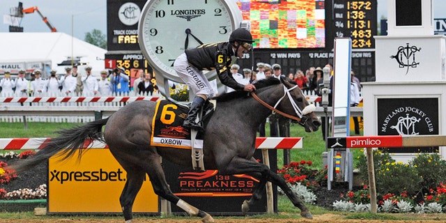 May 18, 2013: Oxbow, ridden by jockey Gary Stevens, wins the 138th Preakness Stakes horse race at Pimlico Race Course in Baltimore.