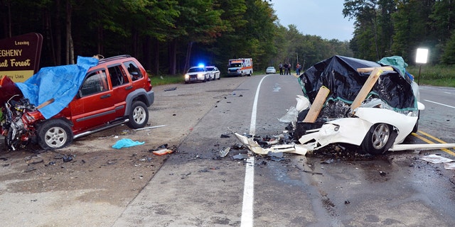 Aug. 31, 2013: The wreckage of two cars which collided on U.S. Route 219 in Hamlin Township, Pa.