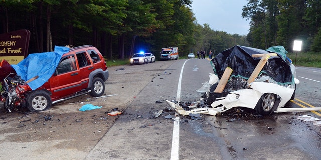 Aug. 31, 2013: The wreckage of two cars which collided on U.S. Route 219 in Hamlin Township, Pa.