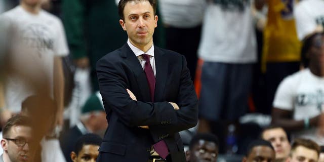 Feb 26, 2015; East Lansing, MI, USA; Minnesota Golden Gophers head coach Richard Pitino reacts to a play during the 1st half of a game at Jack Breslin Student Events Center.