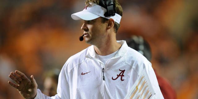Oct 25, 2014; Knoxville, TN, USA; Alabama Crimson Tide offensive coordinator Lane Kiffin during the second half against the Tennessee Volunteers at Neyland Stadium. Alabama won 34 to 20. Mandatory Credit: Randy Sartin-USA TODAY Sports