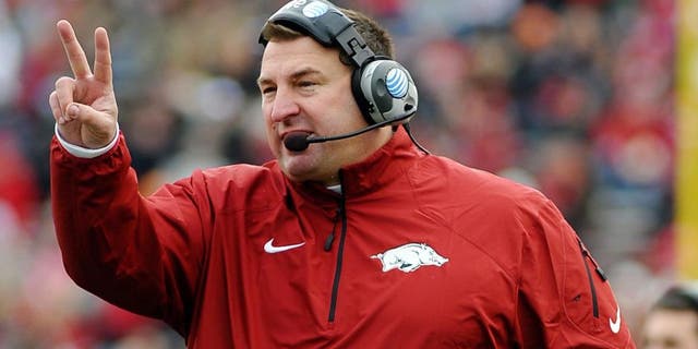 Nov 23, 2013; Little Rock, AR, USA; Arkansas Razorbacks head coach Bret Bielema reacts during the game against the Mississippi State Bulldogs during the second half at War Memorial Stadium. Mississippi State Bulldogs beat Arkansas Razorbacks 24 - 17. Mandatory Credit: Justin Ford-USA TODAY Sports