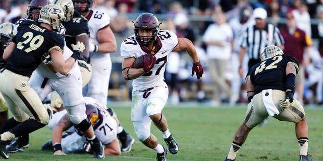 Minnesota Golden Gophers running back Shannon Brooks runs with the ball against the Purdue Boilermakers at Ross Ade Stadium in West Lafayette, Ind., on Saturday, Oct. 10, 2015. Minnesota won 41-13.