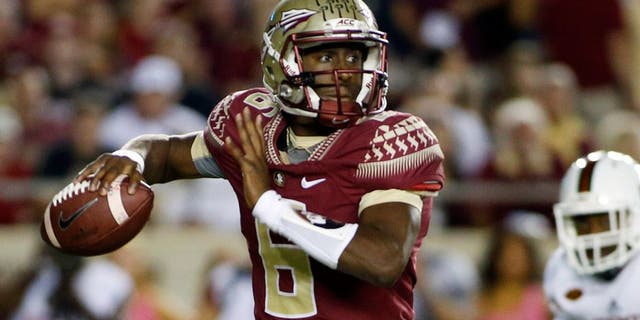 Oct 10, 2015; Tallahassee, FL, USA; Florida State quarterback Everett Golson (6) looks for a receiver against Miami at Doak Campbell Stadium. Mandatory Credit: Glenn Beil-USA TODAY Sports