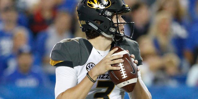 Sep 26, 2015; Lexington, KY, USA; Missouri Tigers quarterback Drew Lock (3) passes the ball against the Kentucky Wildcats at Commonwealth Stadium. Kentucky defeated Missouri Tigers 21-13. Mandatory Credit: Mark Zerof-USA TODAY Sports
