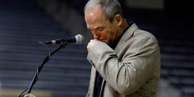 University of Missouri head football coach Gary Pinkel pauses while speaking about his players during a news conference Monday, Nov. 16, 2015, in Columbia, Mo. Pinkel has announced he will resign following the 2015 season after being diagnosed with lymphoma in May. (AP Photo/Jeff Roberson)
