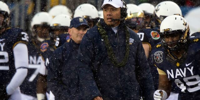 Dec 14, 2013; Philadelphia, PA, USA; Navy Midshipmen head coach Ken Niumatalolo reacts on the sidelines during first quarter of the 114th Army-Navy game at Lincoln Financial Field. Mandatory Credit: Tommy Gilligan-USA TODAY Sports