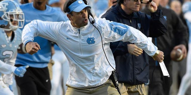 Nov 14, 2015; Chapel Hill, NC, USA; North Carolina Tar Heels head coach Larry Fedora reacts in the second quarter at Kenan Memorial Stadium. Mandatory Credit: Bob Donnan-USA TODAY Sports