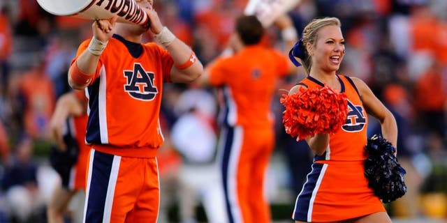 Oct 4, 2014; Auburn, AL, USA; Auburn Tigers cheerleaders perform prior to the game against the LSU Tigers at Jordan Hare Stadium. Auburn won 41-7. Mandatory Credit: Shanna Lockwood-USA TODAY Sports
