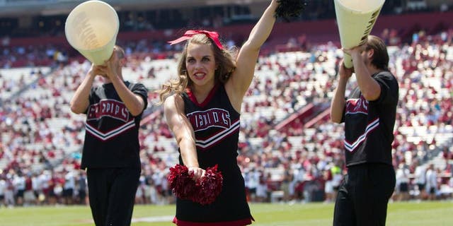 Apr 12, 2014; Columbia, SC, USA; South Carolina Gamecocks cheerleaders during the second half of the South Carolina spring game at Williams-Brice Stadium. Mandatory Credit: Joshua S. Kelly-USA TODAY Sports