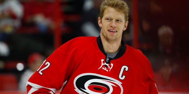 Carolina Hurricanes forward Eric Staal smiles prior to the game against the Boston Bruins.