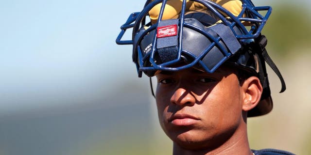 March 5, 2012; Kissimmee, FL, USA; Atlanta Braves catcher Christian Bethancourt (68) in the game against the Houston Astros at Osceola County Stadium. Mandatory Credit: Daniel Shirey-USA TODAY Sports