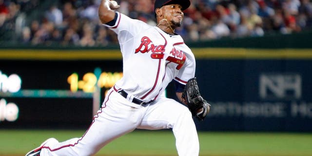 Jul 3, 2015; Atlanta, GA, USA; Atlanta Braves starting pitcher Julio Teheran (49) throws a pitch against the Philadelphia Phillies in the sixth inning at Turner Field. Mandatory Credit: Brett Davis-USA TODAY Sports