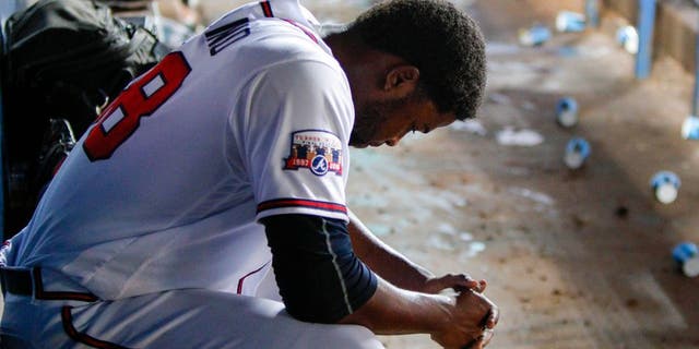 Jun 28, 2016; Atlanta, GA, USA; Atlanta Braves relief pitcher Arodys Vizcaino (38) on the bench after being removed from a game against the Cleveland Indians in the ninth inning at Turner Field. The Indians defeated the Braves 5-3. Mandatory Credit: Brett Davis-USA TODAY Sports
