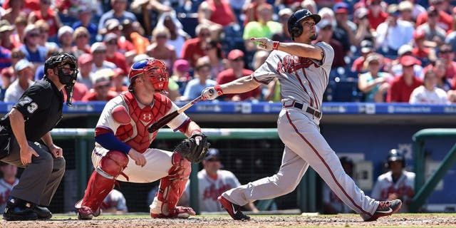 Aug 2, 2015; Philadelphia, PA, USA; Atlanta Braves second baseman Jace Peterson (8) hits a three run homer to right field during the fifth inning of the game against the Philadelphia Phillies at Citizens Bank Park. Mandatory Credit: John Geliebter-USA TODAY Sports