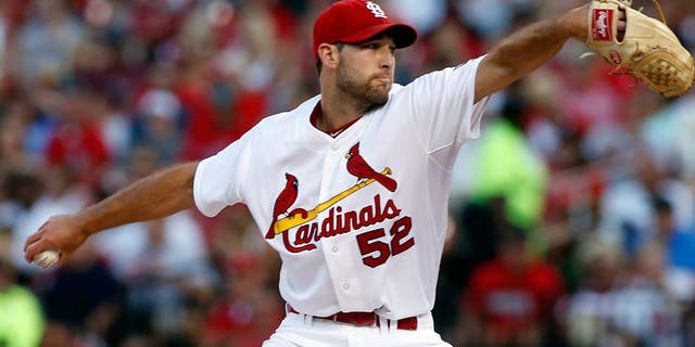 St. Louis Cardinals starting pitcher Michael Wacha throws during the first inning of a baseball game against the Colorado Rockies, Friday, July 31, 2015, in St. Louis. (AP Photo/Scott Kane)