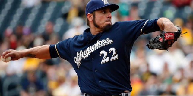 Milwaukee Brewers starting pitcher Matt Garza throws in the first inning against the Pittsburgh Pirates in Pittsburgh, Sunday, April 19, 2015.
