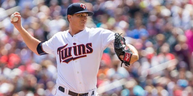 Jul 26, 2015; Minneapolis, MN, USA; Minnesota Twins starting pitcher Kyle Gibson pitches in the first inning against the New York Yankees at Target Field.