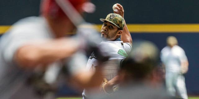 The Milwaukee Brewers' Junior Guerra pitches to a St. Louis Cardinals batter during the first inning Monday, May 30, 2016, in Milwaukee.