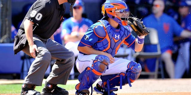 Feb 28, 2014; Port St. Lucie, FL, USA; New York Mets catcher Travis d'Arnaud (15) catches a pitch against the Washington Nationals in spring training action at Tradition Stadium. Mandatory Credit: Brad Barr-USA TODAY Sports