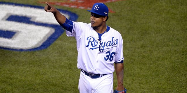 Oct 16, 2015; Kansas City, MO, USA; Kansas City Royals starting pitcher Edinson Volquez (36) reacts after getting out of the sixth inning against the Toronto Blue Jays in game one of the ALCS at Kauffman Stadium. Mandatory Credit: John Rieger-USA TODAY Sports