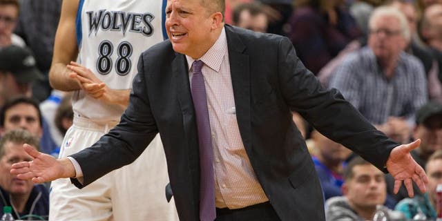 Nov 15, 2016; Minneapolis, MN, USA; Minnesota Timberwolves head coach Tom Thibodeau argues with an official during the second half against the Charlotte Hornets at Target Center. The Hornets won 115-108. Mandatory Credit: Jesse Johnson-USA TODAY Sports