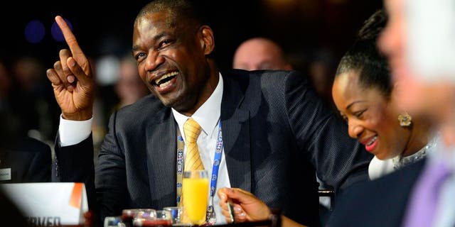 Feb 16, 2014; New Orleans, LA, USA; NBA legend Dikembe Mutombo laughs during the 2014 NBA All-Star Game Legends Brunch at Ernest N. Morial Convention Center. Mandatory Credit: Bob Donnan-USA TODAY Sports