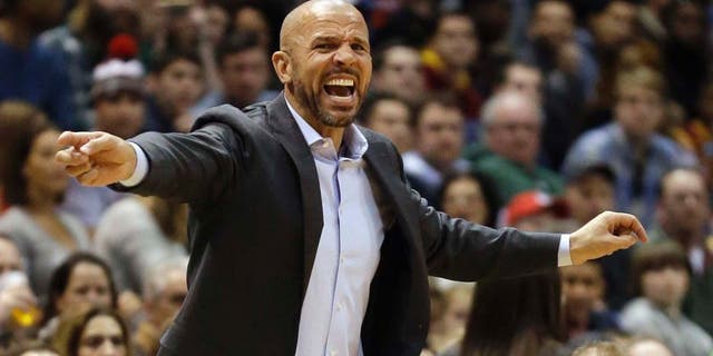 Milwaukee Bucks head coach Jason Kidd yells during the first half of an NBA game against the Cleveland Cavaliers Sunday, March 22, 2015, in Milwaukee.