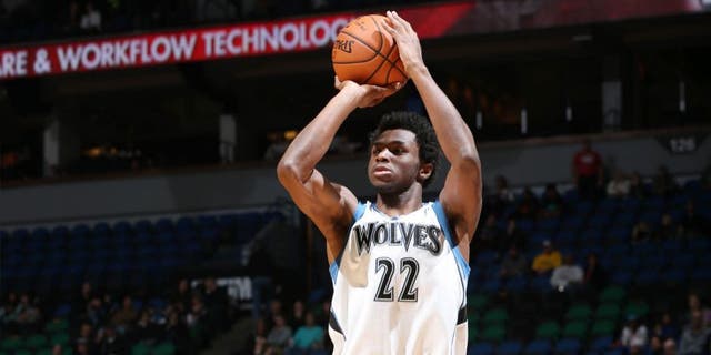 The Minnesota Timberwolves' Andrew Wiggins shoots the ball against the Milwaukee Bucks during a preseason game on Oct. 23, 2015 at Target Center in Minneapolis.