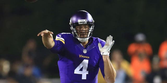 Minnesota Vikings quarterback Mike Kafka throws a pass during the second quarter against the Pittsburgh Steelers at Tom Benson Hall of Fame Stadium in Canton, Ohio, on Sunday, August 9, 2015.